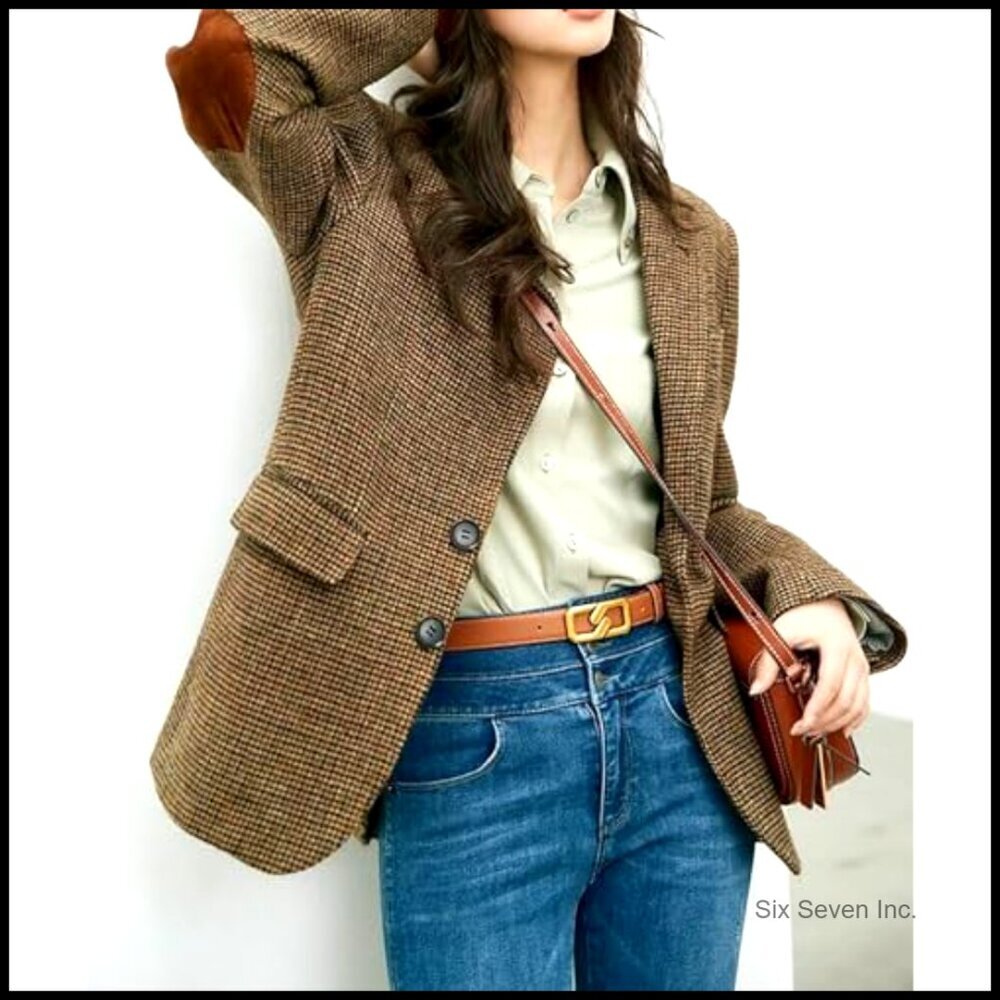 Wool Blend Blazer Jacket Single Breasted Lapel Plaid Business Work Coat - Picture 3 of 7